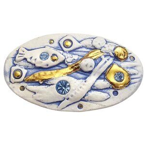 Blue Rhinestone Fish Sea Life Ceramic Brooch Oval Pin J466